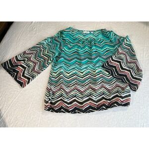 NY & Company Zigzag Stripe Bell Sleeve Blouse Medium Sheer Boho 90s Retro Top